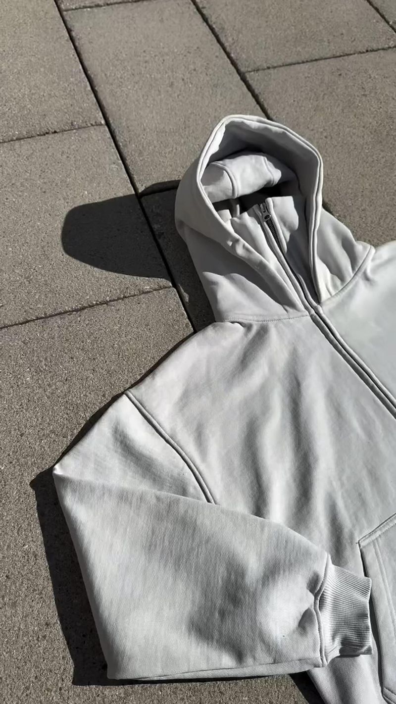 Conjunto de sudadera con capucha y cremallera de cuello alto para hombre y mujer con pantalón a juego. Conjunto informal de pana (gris/marrón)._voghion.com