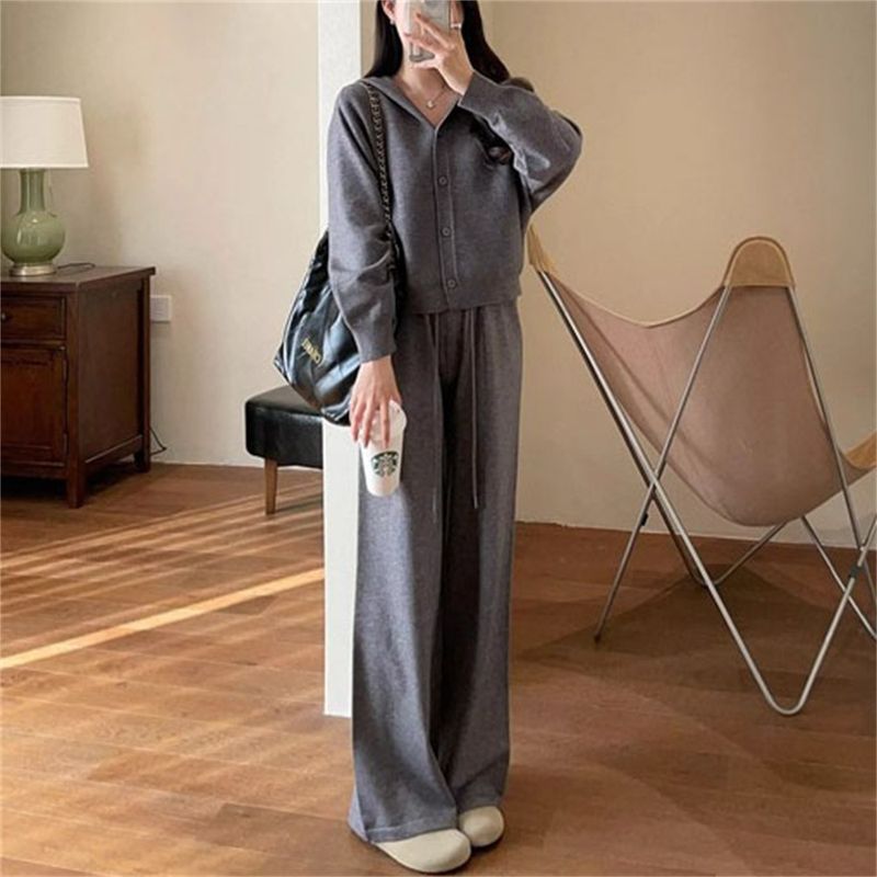 Fashionable Youthful Casual Loose Sweater Cardigan Autumn Winter New Knitted Wide-Leg Pants Two-Piece Set For Women_voghion.com