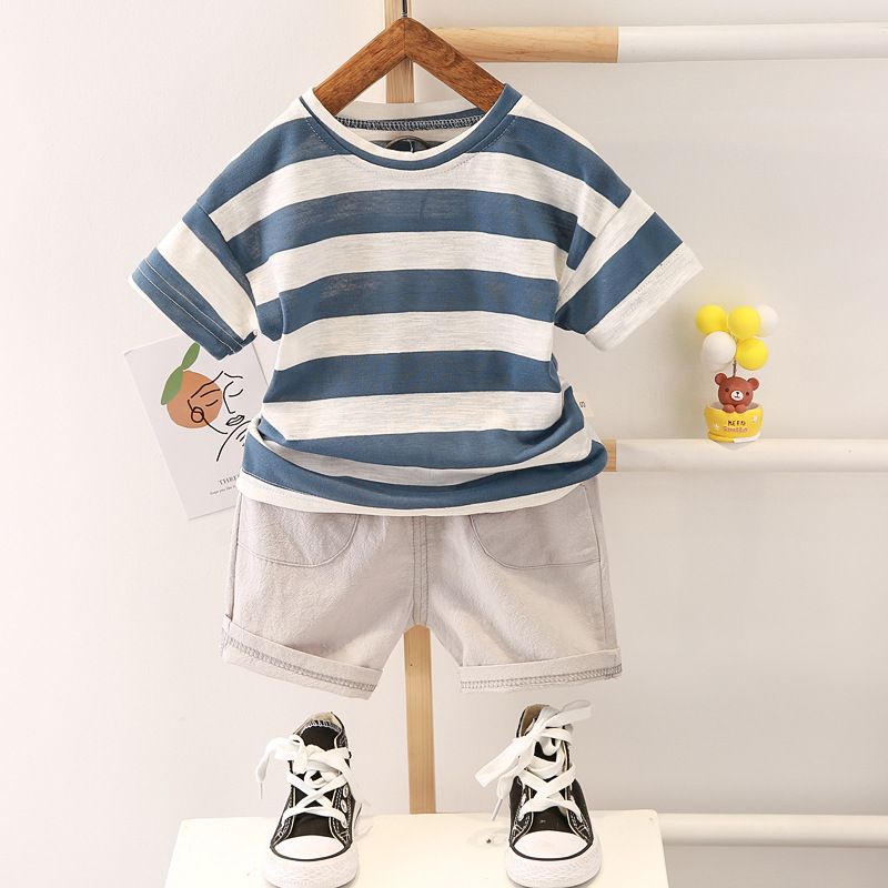 2024 sommer Neue Koreanische kurzarm Ch's Jungen 0-4 Jahre Alt Rundhals Gestreiften T-shirt Shorts Zwei stück Set für_voghion.com