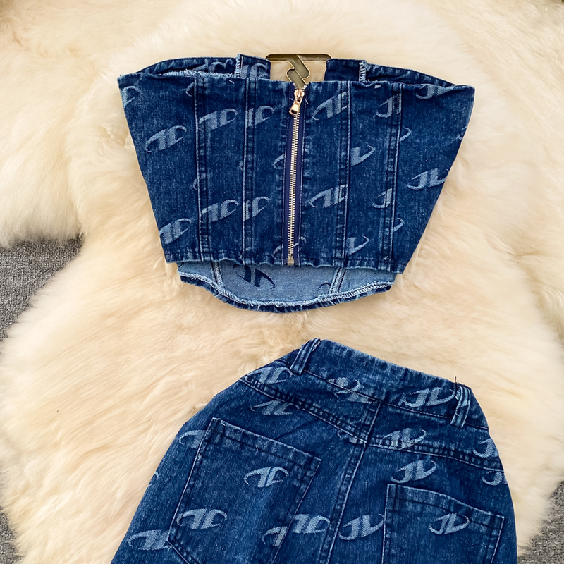 Roupas femininas Moda feminina Colete jeans sem alças Conjunto de duas peças de calças casuais de cintura alta e emagrecimento de perna reta_voghion.com