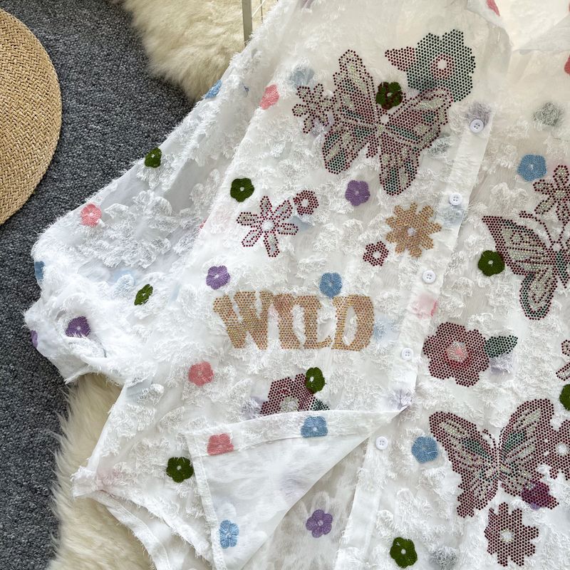 Chemise à manches longues à revers en diamant pour femme, broderie tridimensionnelle, style nouveau, tendance, ample, slim, ludique, printemps_voghion.com