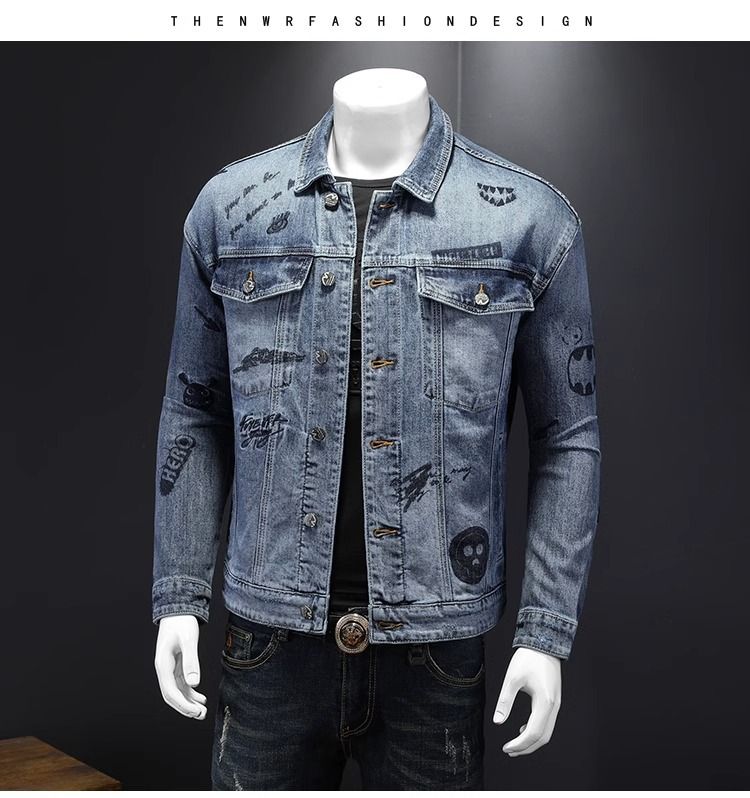 Herrenbekleidung, mit Graffiti bestickter Denim-Mantel_voghion.com