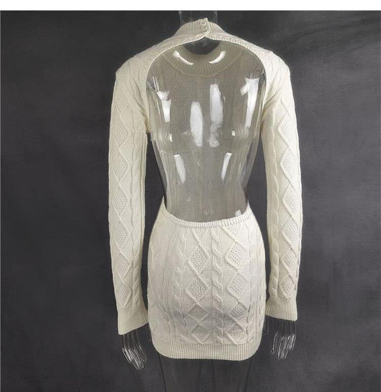 Rochie pulover tricotată cu talie înaltă, cu mâneci lungi, fără spate, pentru femei_voghion.com