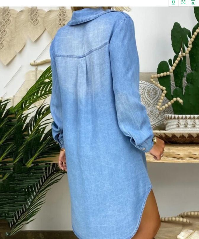 Vestido camisero de mezclilla de color liso con bolsillos y botones y manga larga popular_voghion.com