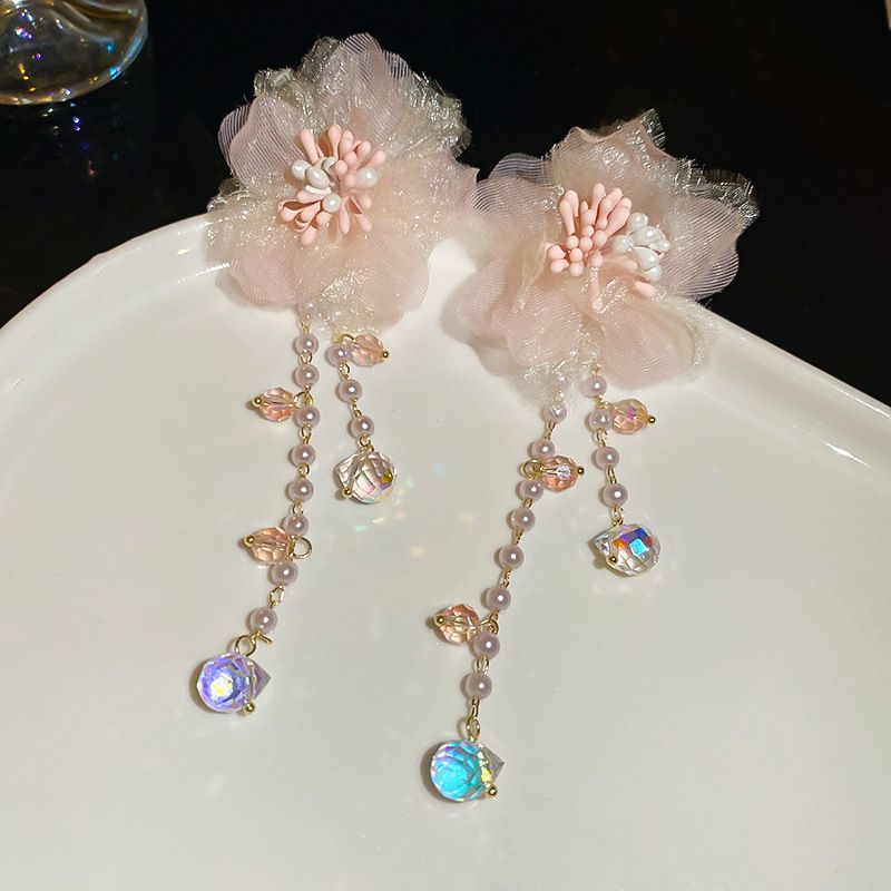 Silber Nadel Rosa Mesh Blume Perle Quaste Modische Design Süße Temperament Ohrringe Für Frauen_voghion.com