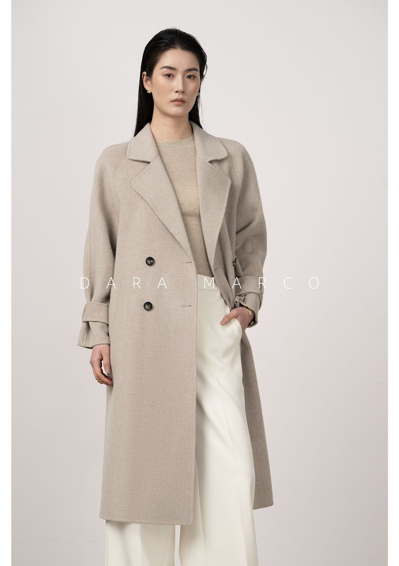 Trench double-face di lusso in misto cashmere e seta per donna – Elegante design con spalle scese, cappotto lungo aderente con drappeggio lusinghiero_voghion.com