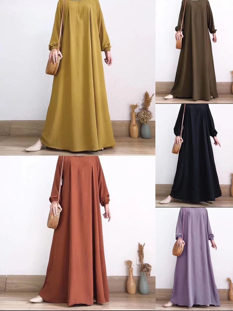 Abito da donna con scollo rotondo, manica lunga, cerniera, tinta unita, gonna lunga musulmana_voghion.com