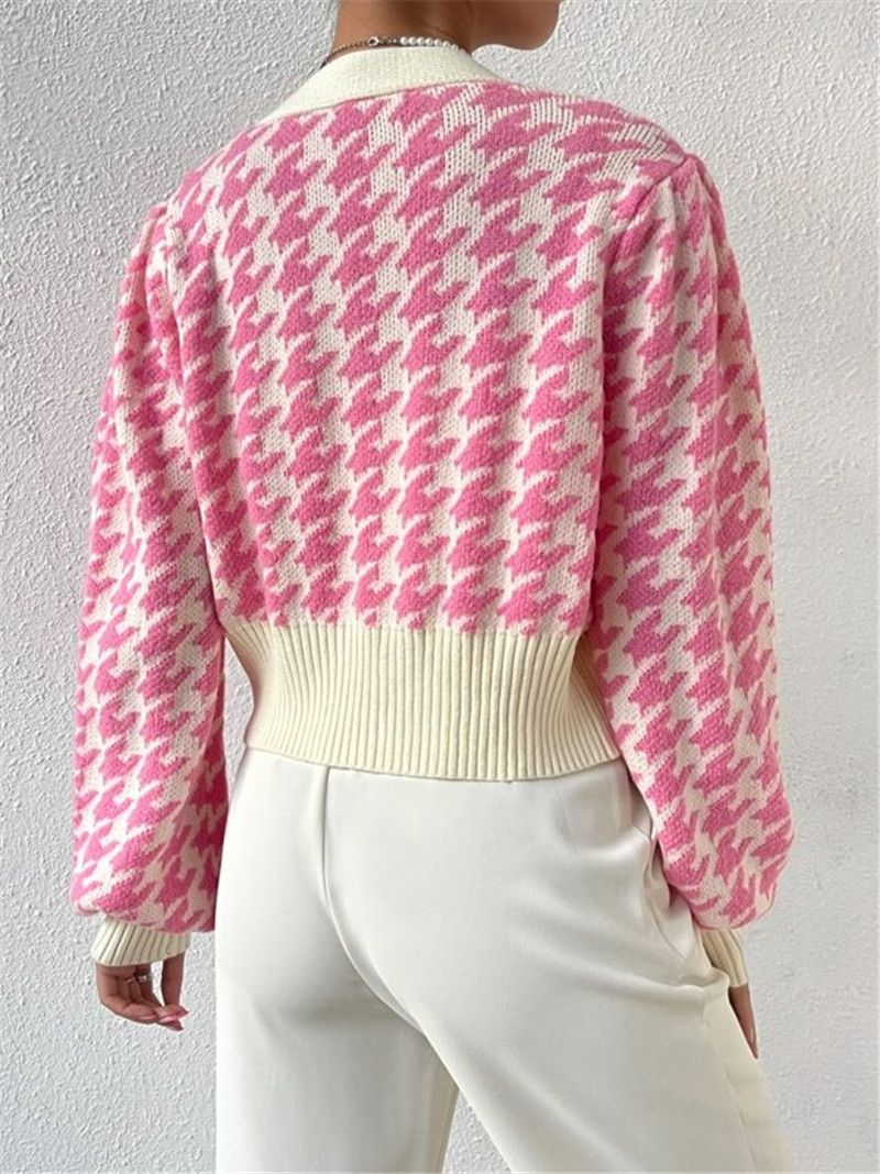Dameskleding herfst en winter patroon lantaarn mouw gebreide cardigan trui korte jas_voghion.com