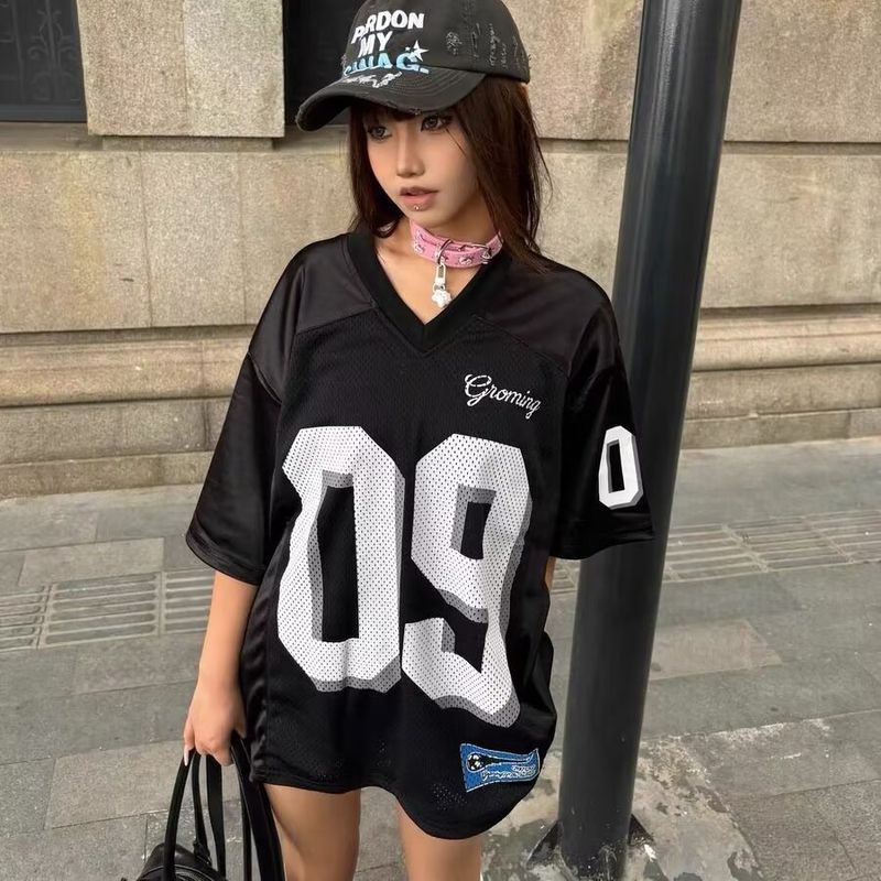 American Style Sorts Short T-Shirt For Women Summer Color Block Number Jersey Design V-Neck Mesh Hi-Ho Half Sleeve_voghion.com
