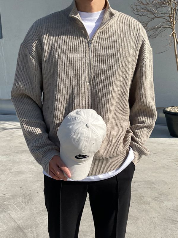 Autumn half zipper knitted sweater men's Korean-style trendy handsome all-match stand collar sweater top loose coat_voghion.com