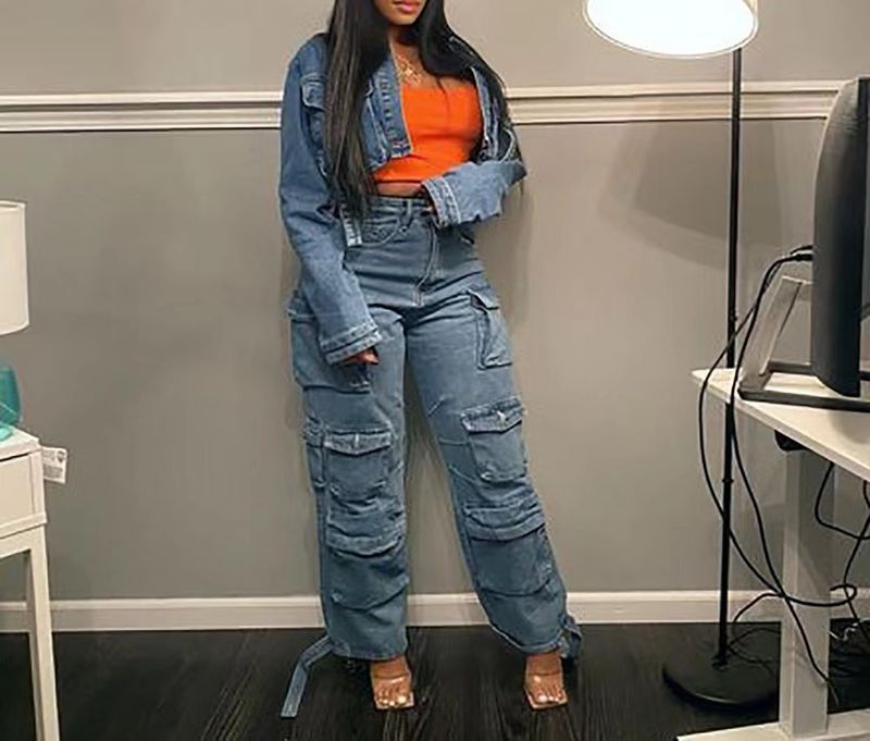 Damkläder Hot Selling Trend Multi Pocket Large Size Jeans Overall_voghion.com