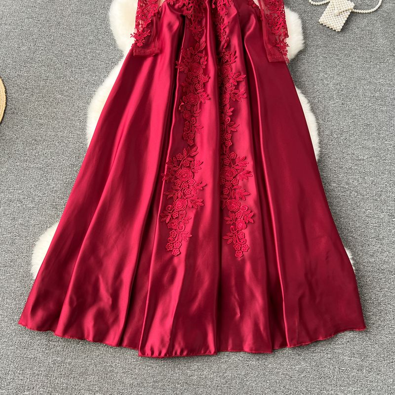 Abito da donna in rete a maniche lunghe, elegante abito rosso ricamato in rete a maniche lunghe – elegante abito da banchetto con silhouette a trapezio e vita alta_voghion.com
