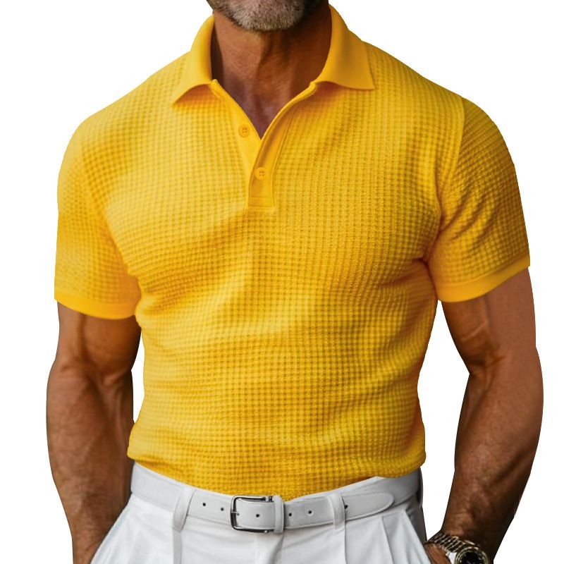 24 Polo Shirt Short Sleeve Summer Plus Size Turn-down Collar Button Slim Fit Waffle Texture Men's T-Shirt_voghion.com