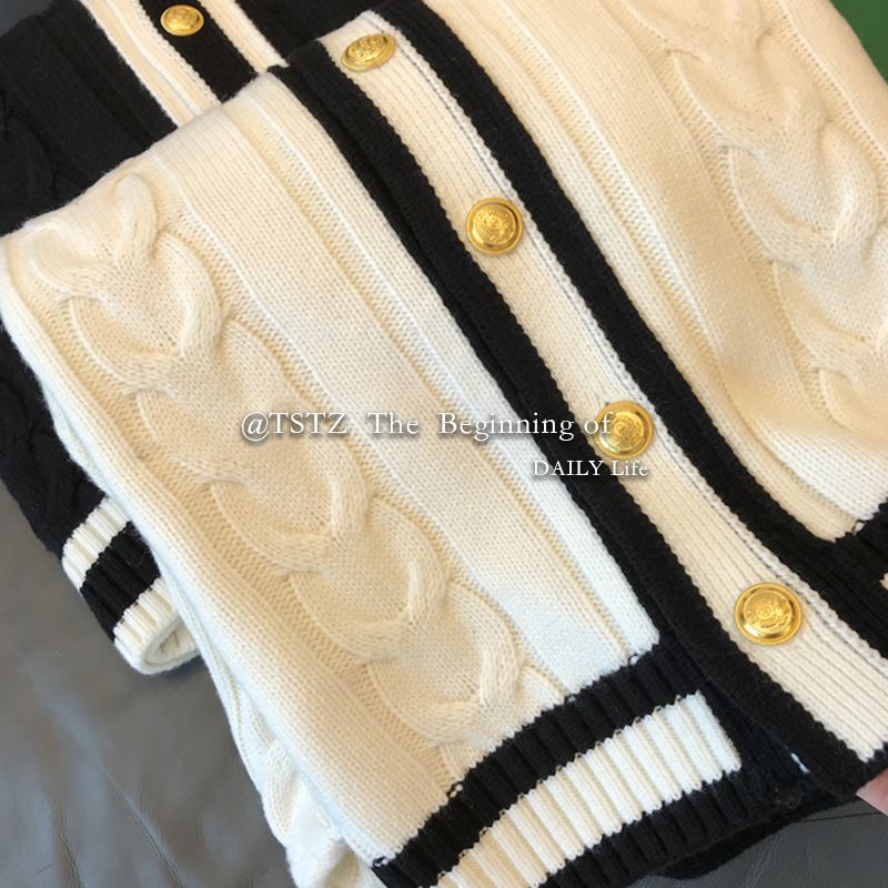 Übergroßer Strickjacke – Grober Zopfmuster-Pullover mit V-Ausschnitt und offener Vorderseite (Einheitsgröße, Schwarz/Weiß)_voghion.com