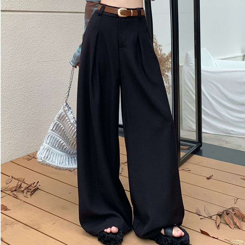 Women's Clothing High Waisted Wide Leg Pants For Women - Loose Fit Office Trousers With Elastic Waist | Flowy Dress Pants Black/Grey/Brown (S-XXL)_voghion.com