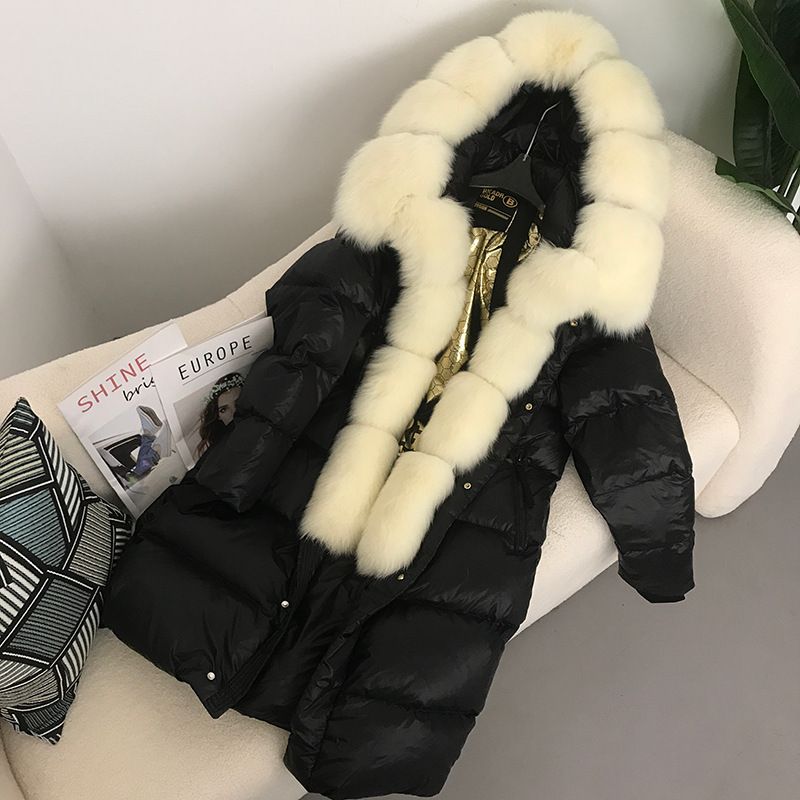 Piumino di lusso con finiture in pelliccia di volpe da donna – Giacca invernale lunga da donna (nero/oro, S-2XL)_voghion.com