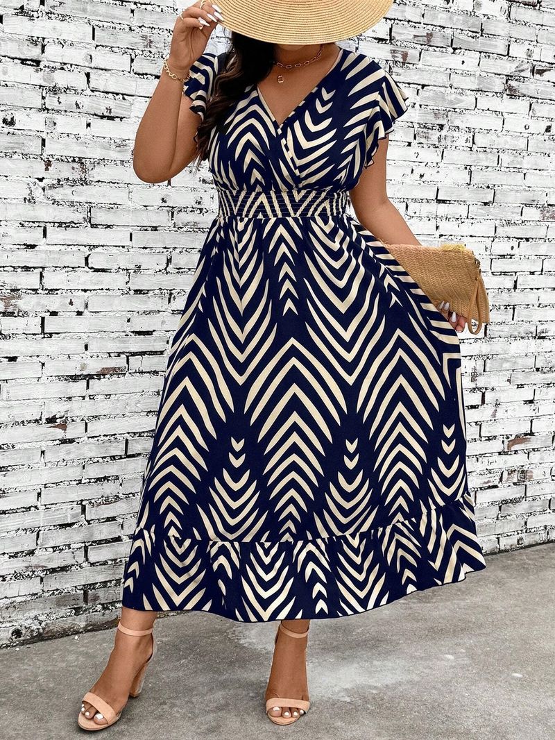 Damenbekleidung Frühling und Sommer Große Größe Beliebtes gestreiftes Kleid Taille Abnehmen Knielanges Kleid_voghion.com