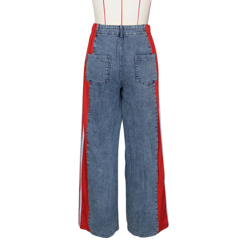 Ropa de mujer Pantalones vaqueros de pierna ancha con tres rayas y empalme de moda de verano Pantalones rectos elásticos de cintura alta informales nuevos para mujer_voghion.com