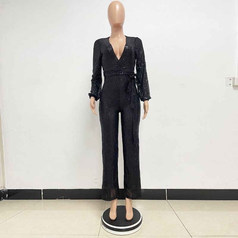 Damkläder Ins Style Deep V Mode Casual Jumpsuit Långärmat Bälte Paljett Jumpsuit Dam_voghion.com