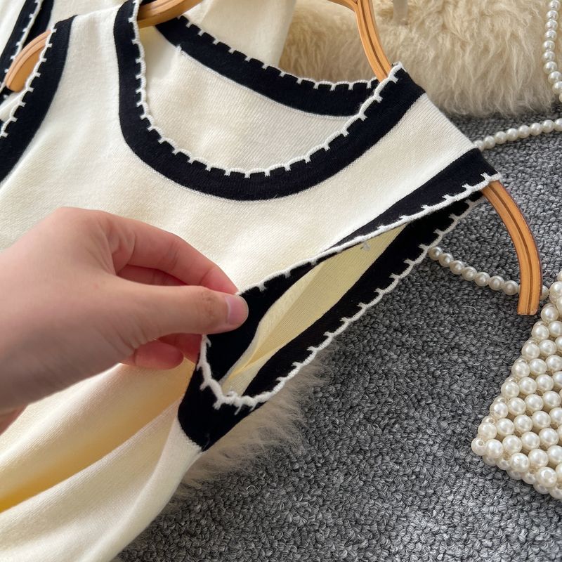 Elegante, tweedelige gebreide set voor dames - chique ronde hals, lange mouwen en mouwloze kokerjurk (beige/zwart, één maat)_voghion.com