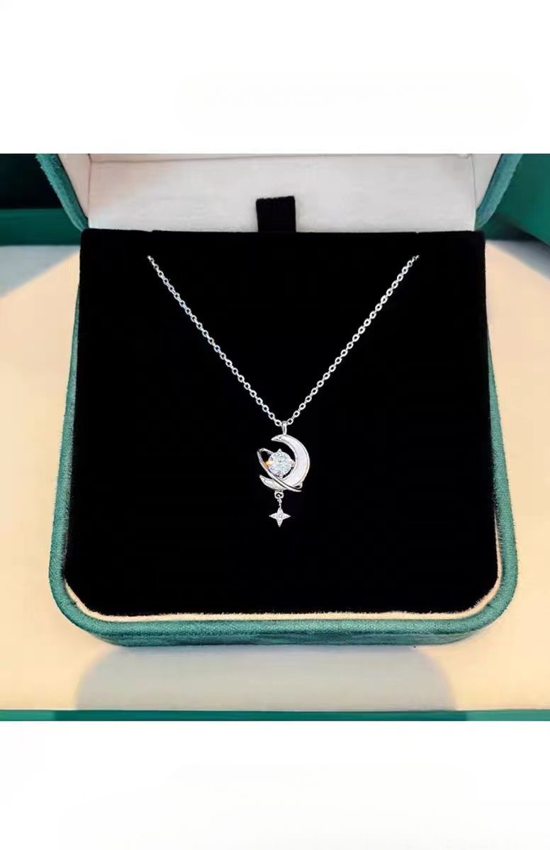S Silver Dream Star Moon Necklace Women, Ins Style, High-end New Luxury Resin Craft, Elegant Collarbone Chain, Gift For_voghion.com
