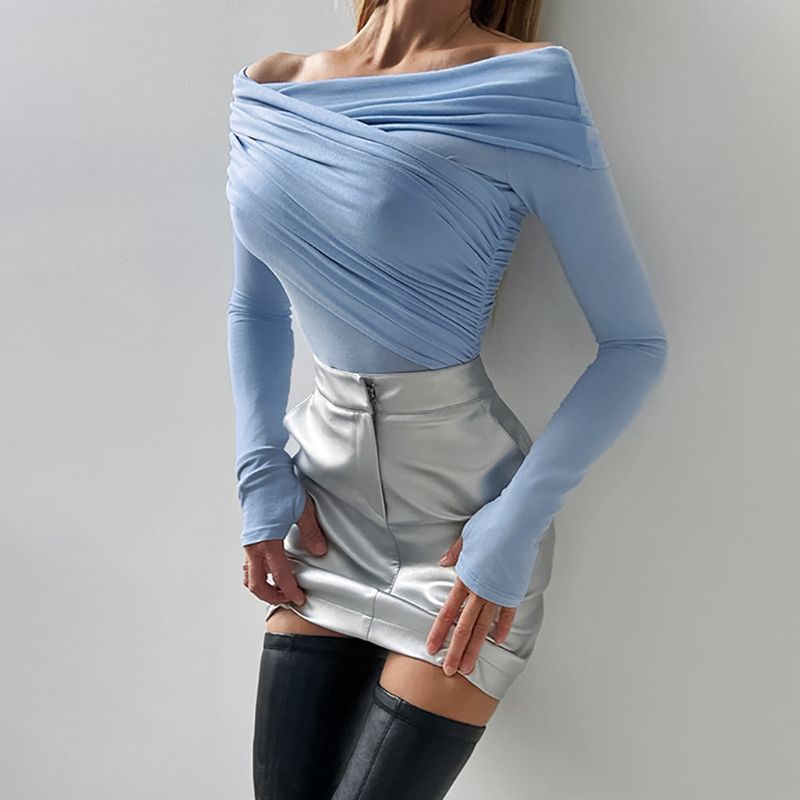 2025 Autumn Winter French Style Milk Blue Knitted T-Shirt With A Sense Of Design, Wrapped Chest, Off-Shoulder, Inner_voghion.com