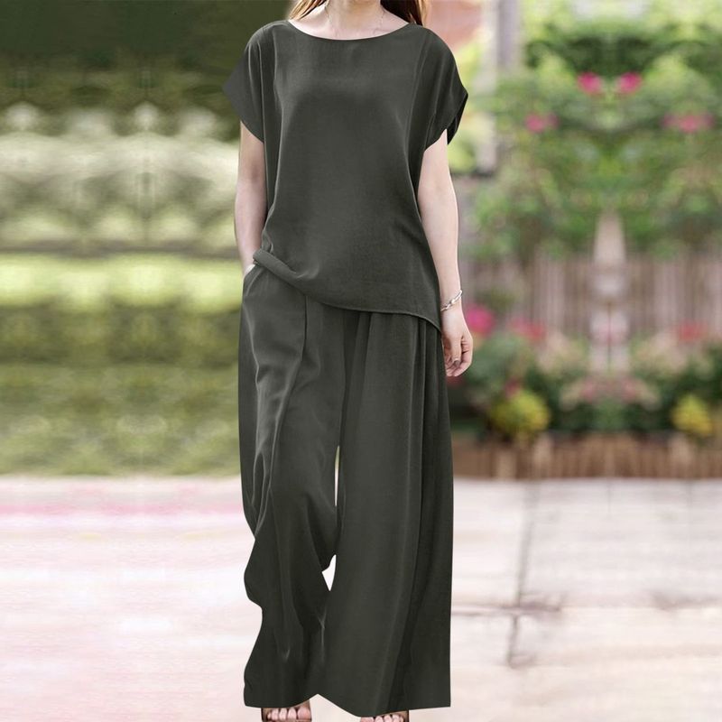 Ensemble 2 pièces pour femmes, chemise à manches courtes et pantalon large à la mode, vêtements de sport amples_voghion.com