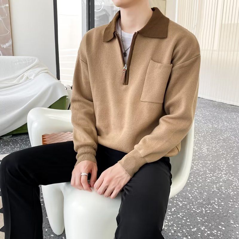Neuer Strickpullover mit Farbblockierung für den Herbst mit leichter, reifer Stilstruktur und halboffener Oberseite für Herren mit Revers und langen Ärmeln_voghion.com