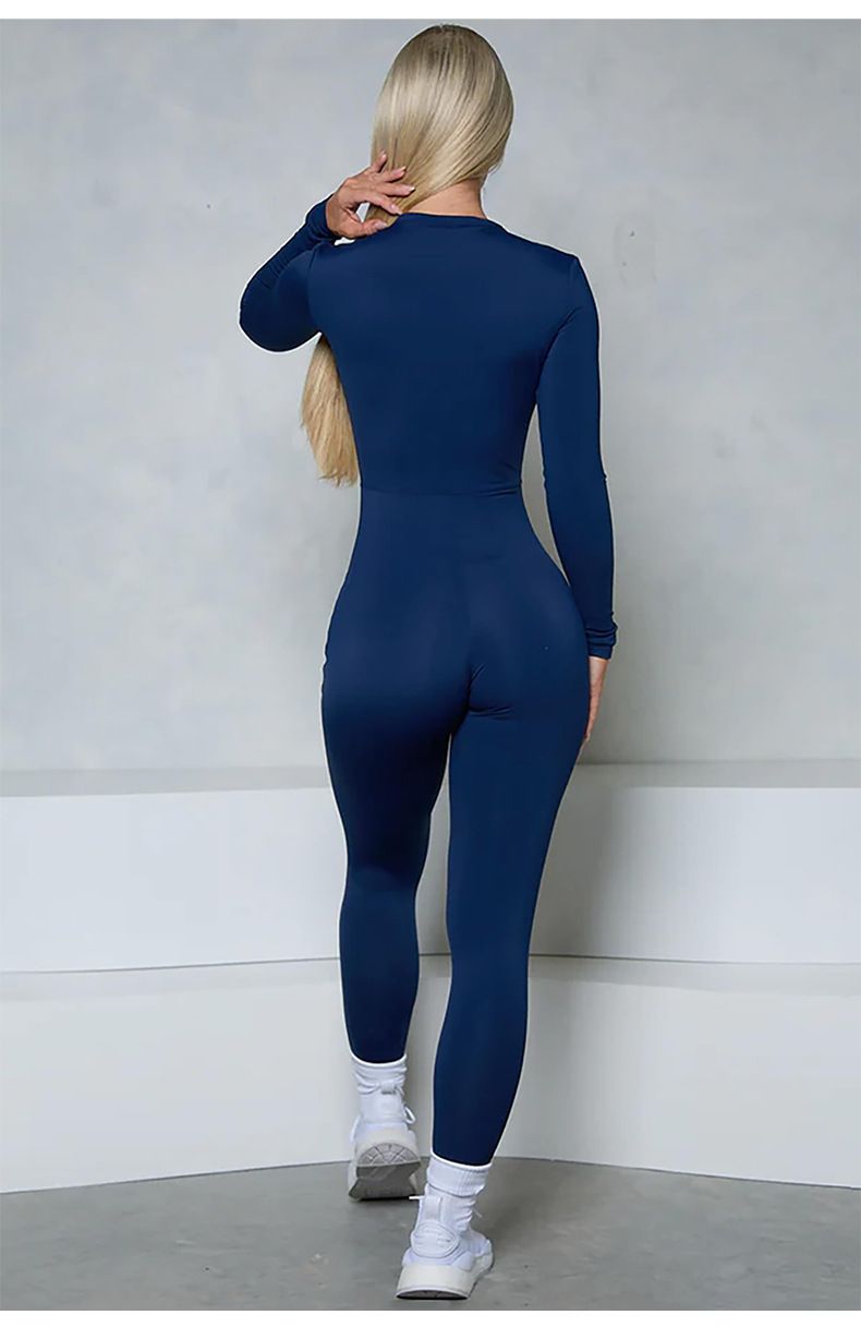 Damenbekleidung Hochelastischer Reißverschluss Langarm Yoga Sport Fitness Laufoverall Kein peinlicher Linienoverall_voghion.com