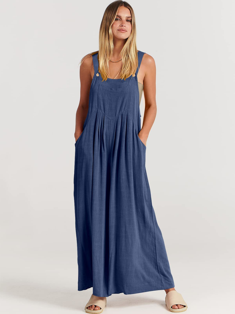 Women's clothing solid color loose casual cotton and linen overalls jumpsuit_voghion.com