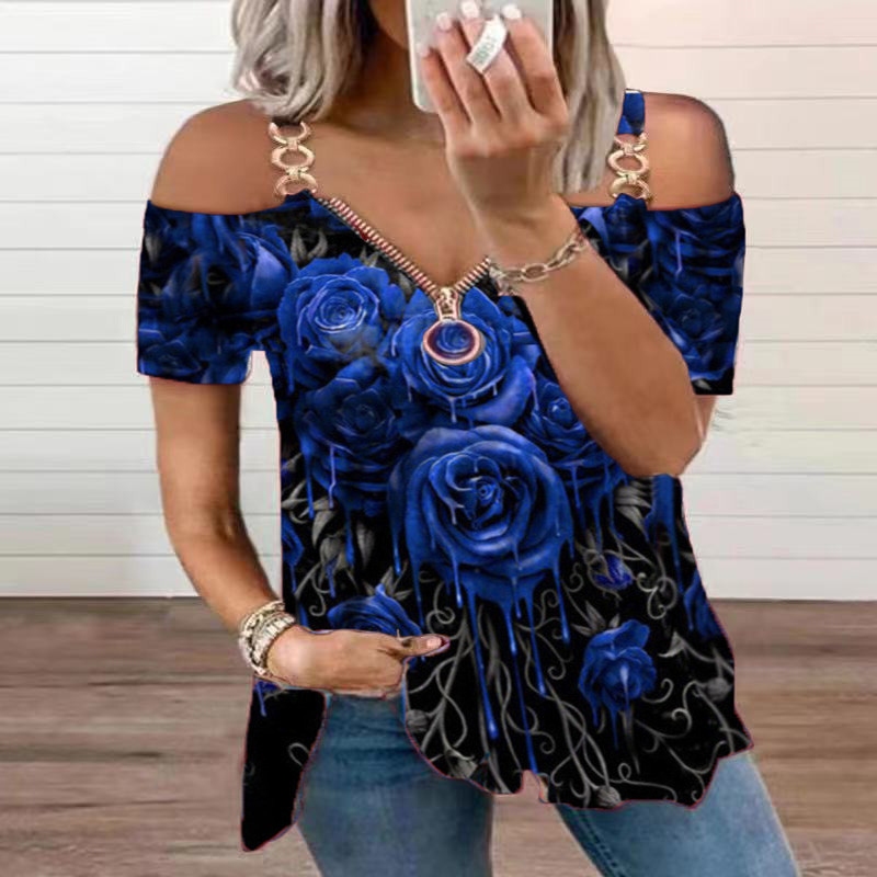 T-shirt da donna con cerniera rosa pullover a maniche corte stampata con scollo a V e spalle scoperte_voghion.com
