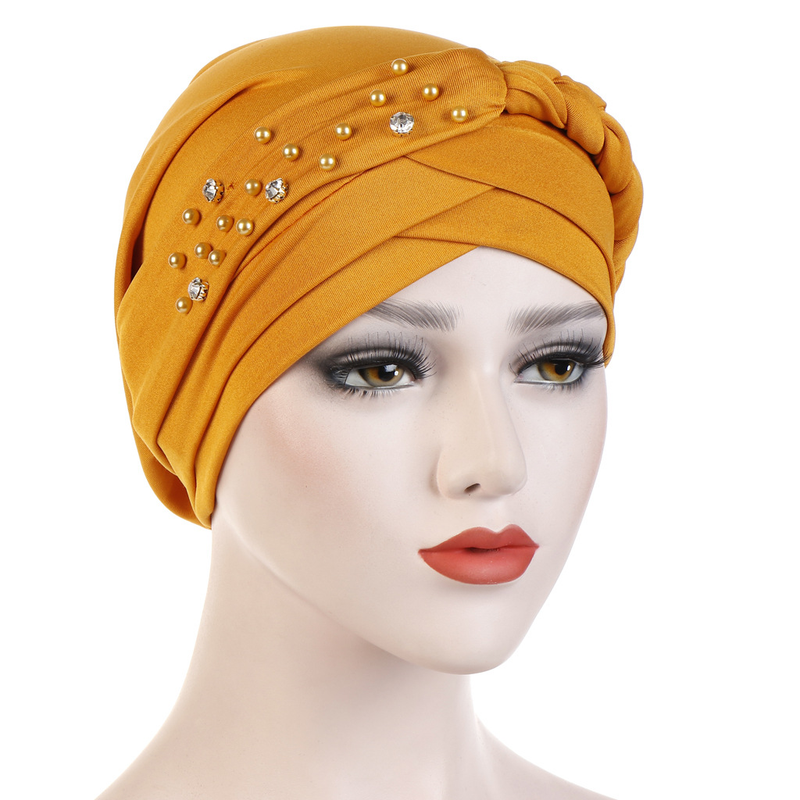 New Spring and Autumn Style Muslim Baotou Hat Monochrome Single Strip Single Side Beads Drill Whip Turban Hat_voghion.com