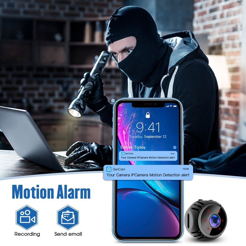 Cameră mini W8 HD 1080P cu viziune nocturnă, supraveghere video cu baterie, Wifi, cameră inteligentă pentru casă (negru)_voghion.com