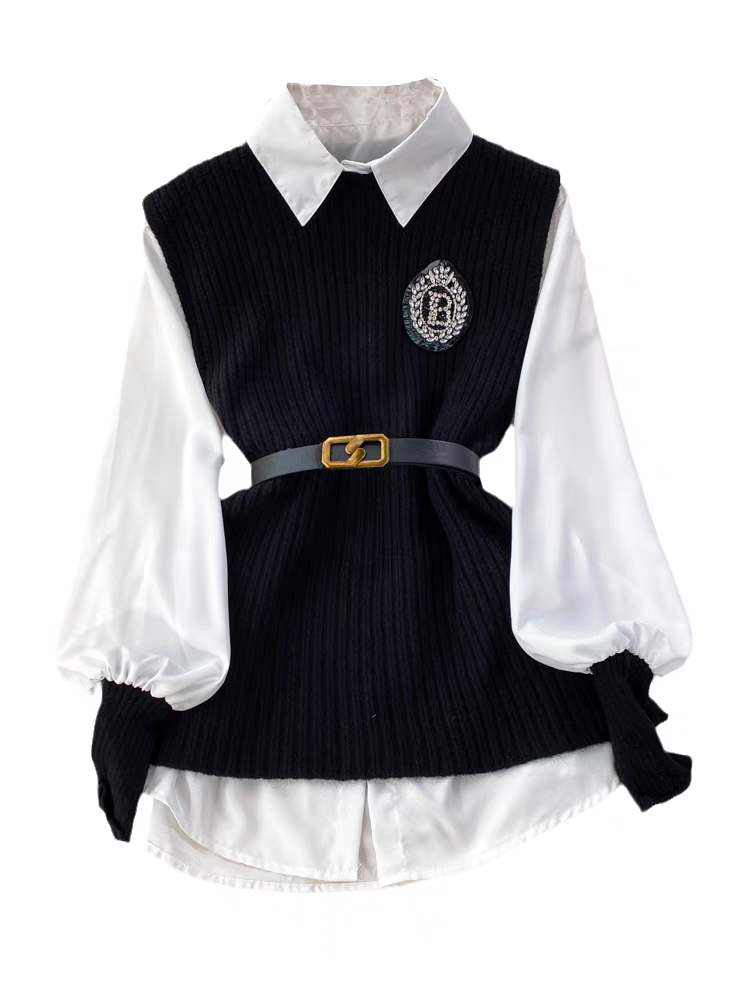 Damenbekleidung Laterne Langarm locker schlank mittellanges Hemd Krawatte Taille Strickweste Weste zweiteiliger Anzug für Frauen_voghion.com