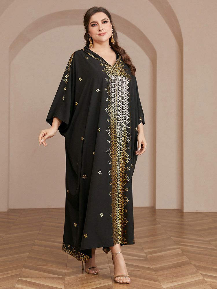 Women’s Clothing Muslim V neck hooded robe four sided elastic hot stamping dress_voghion.com