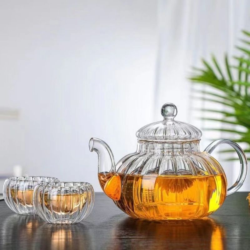 Striped Flower Teapot Thickened Glass Heat Resistant Explosion Proof Teapot Pumpkin Pot High Borosilicate High Temperature Resistant Flower Teapot_voghion.com