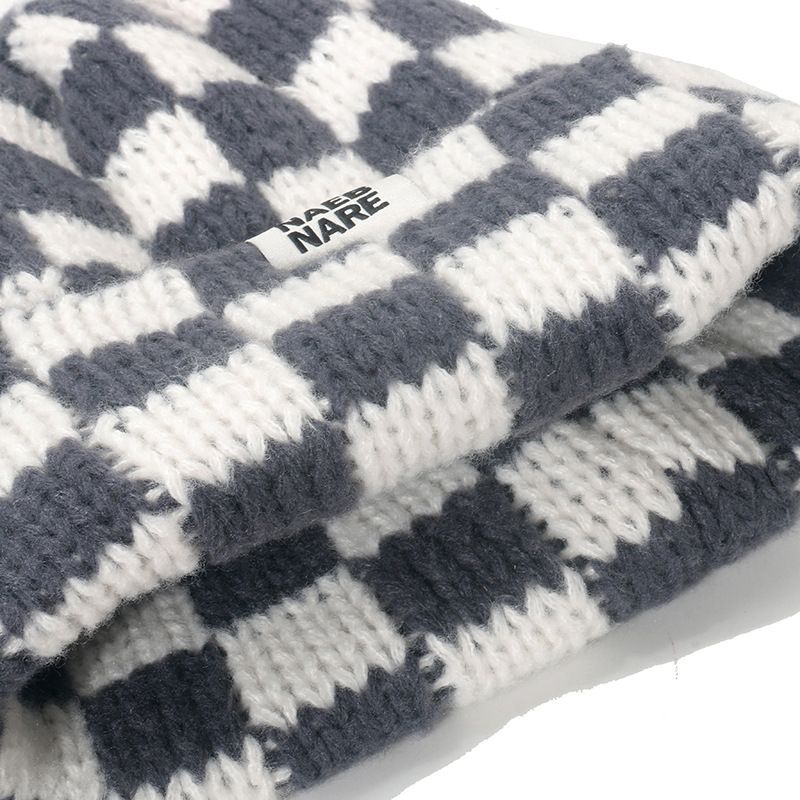 Hat Internet celebrity popular hat autumn and winter version niche large head circumference woolen hat thickened warm checkerboard plaid knitted hat_voghion.com