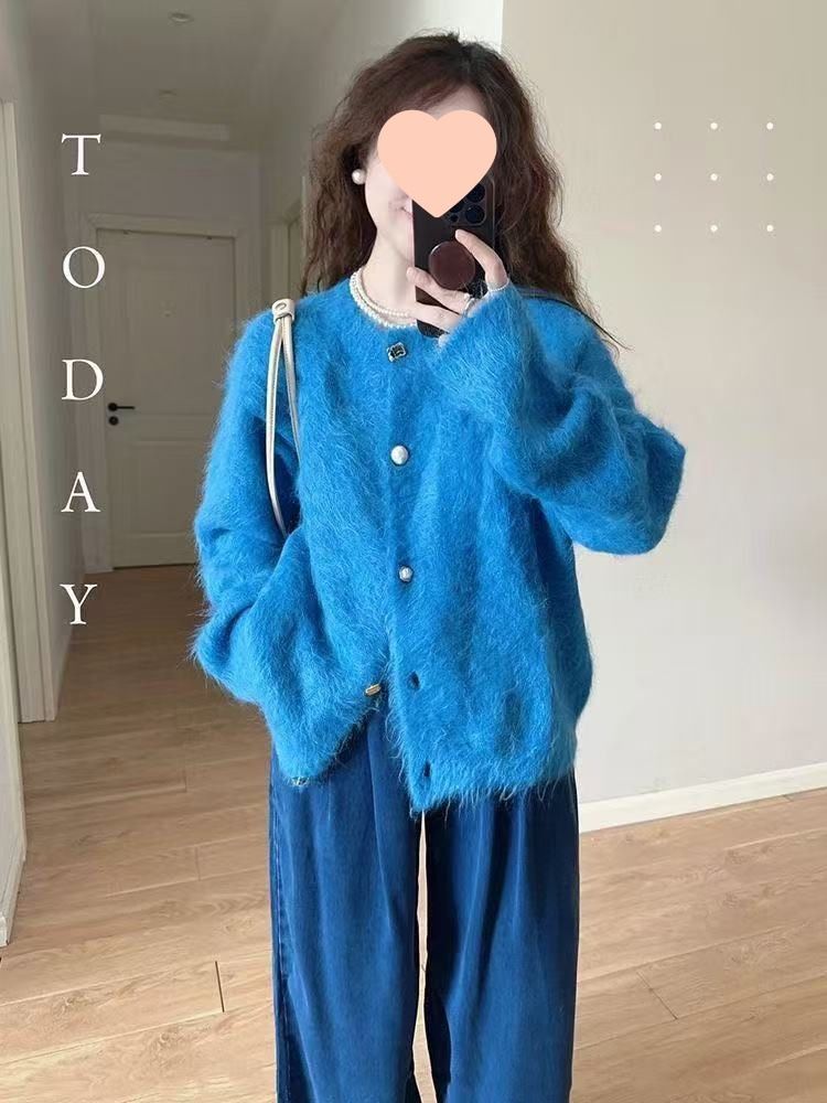 Mädchen Herbst Winter Aufhellender Pullover Mantel Strickcardigan Damen Kleinblau Flauschig Elegantes Design Top_voghion.com