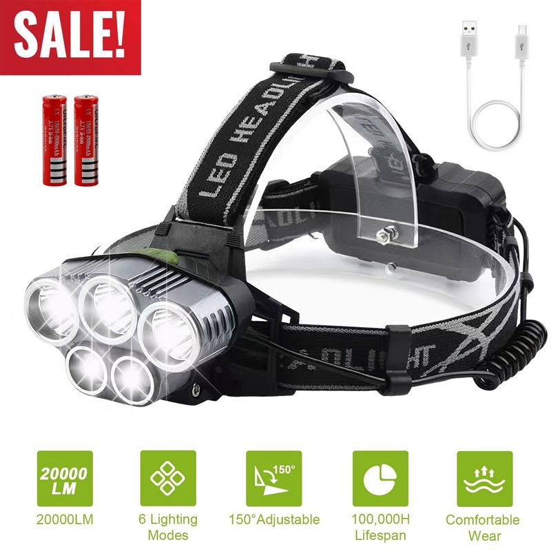 Rechargeable Headlamp 20000 Lumen LED Headlight 6 Modes Headlamp Flashlight For Camping Cycling Hiking Hunting Emergency_voghion.com