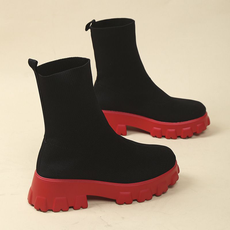 Zīmola SHLIANG Sieviešu puszābaki Viegli ikdienas apavi sievietēm Wedge Fashion Zeķu zābaki Adīšana Ziemas Vidēja Tube Platform Boot SB159_voghion.com