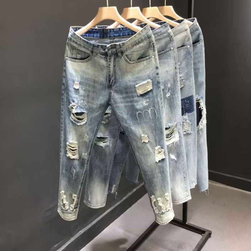 Distressed Jeans für den Herrensommer, neue trendige Hosen im koreanischen Stil, Slim Fit, helle, verkürzte Leggings_voghion.com