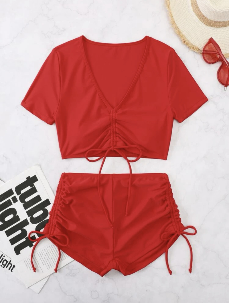 Badeanzug-Bikini im neuen Stil mit geteiltem, plissiertem Seil und einfarbigem Seil_voghion.com
