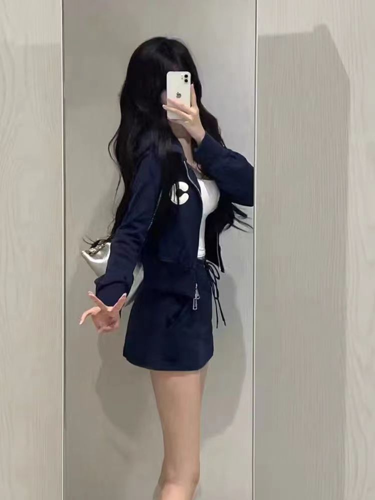 Sweat à capuche zippé américain pour femme, jupe à lacets pour le printemps et l'automne, style décontracté, veste cardigan courte à capuche, ensemble deux pièces_voghion.com