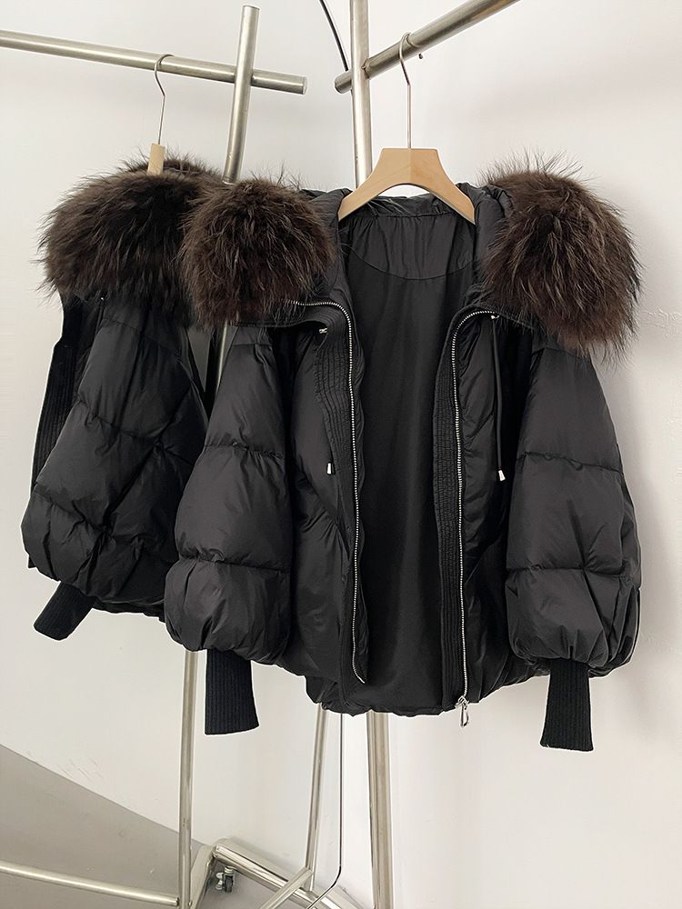 Piumino con cappuccio di alta qualità e finiture in pelliccia di procione - Giacca invernale da donna con maniche lunghe in maglia, vestibilità ampia e ultra calda, capospalla alla moda_voghion.com