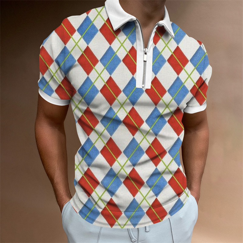 3D-Karo-Farben-Volldruck-Reißverschluss-Poloshirt, Sommer-Street-Casual-Kurzarm-Trend-Herrenmode_voghion.com