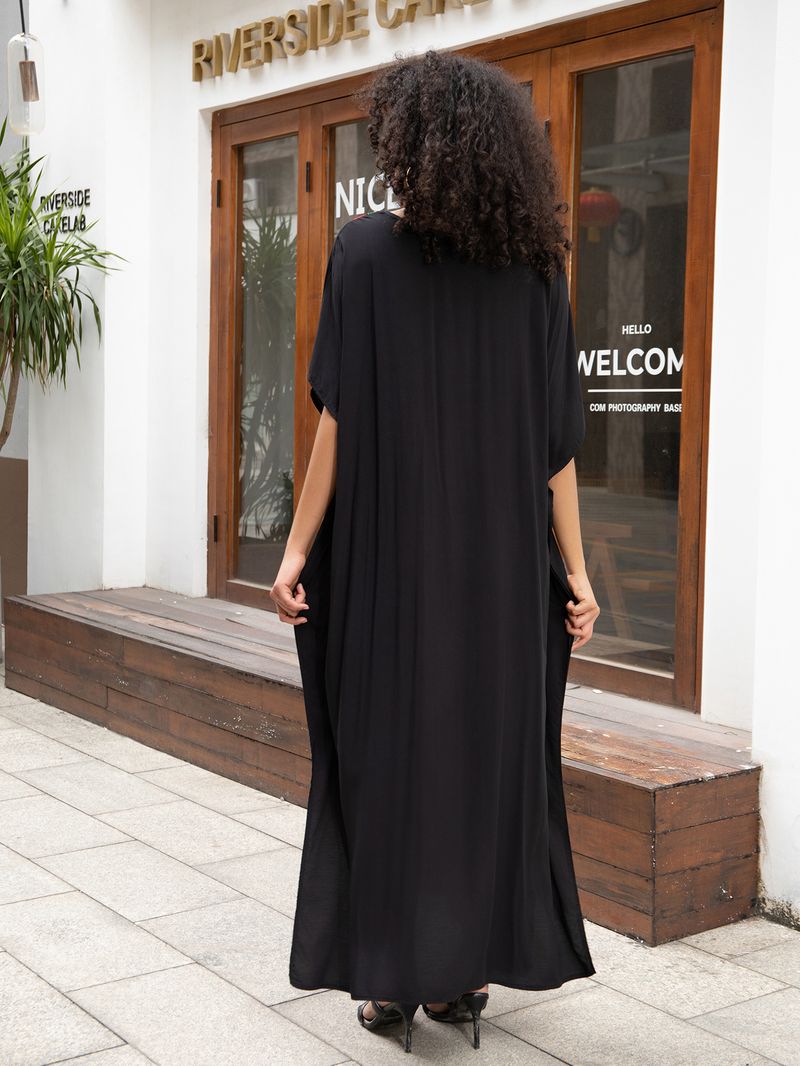 Damenbekleidung Baumwolle Stickerei Urlaub Lose Große Größe Kleid Strand Lange Robe Bikini Cover Up_voghion.com