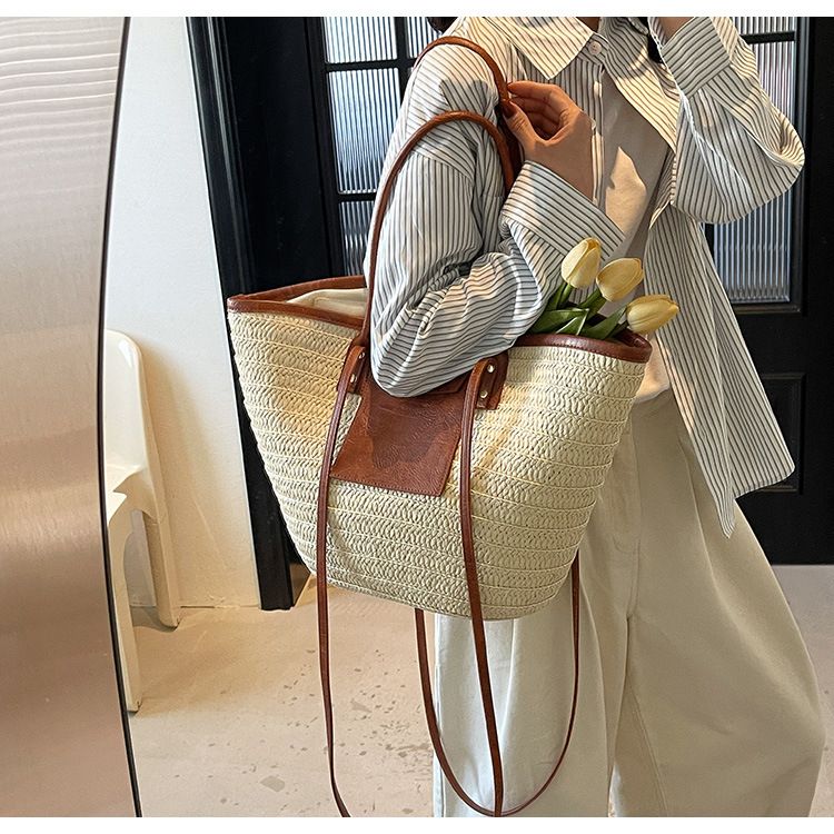 Ženska torba Bucket Bag, potovalna počitniška slamnata torba za veter, ženska modna tkana velika torba, velika torba za plažo_voghion.com