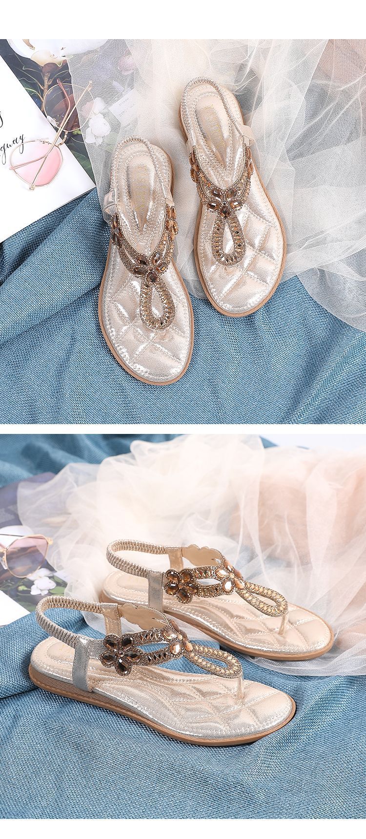Rhinestone Flat Sandals Large Size Flat Hollow Comfortable Women's Summer Shoes_voghion.com