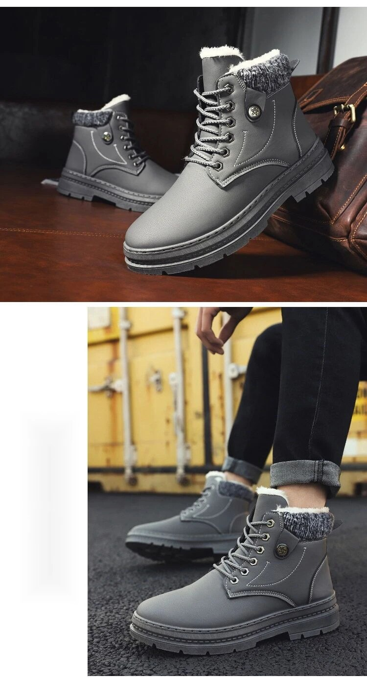 Pelúcia de neve de inverno e isolamento grosso, botas curtas casuais masculinas Martin, cano alto à prova d'água,_voghion.com