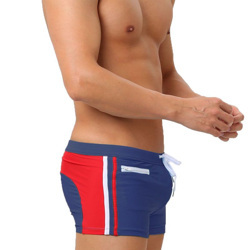 Men's Low-Rise Swim Shorts - Solid Color Contrast Panels With Adjustable Drawstring & Secure Zip (Quick-Dry UPF 50+ & Anti-Slip)_voghion.com